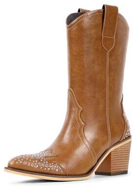 Women's Cowboy Boots, Mid Calf Studded Pointed Toe Western Cowgirl Boots